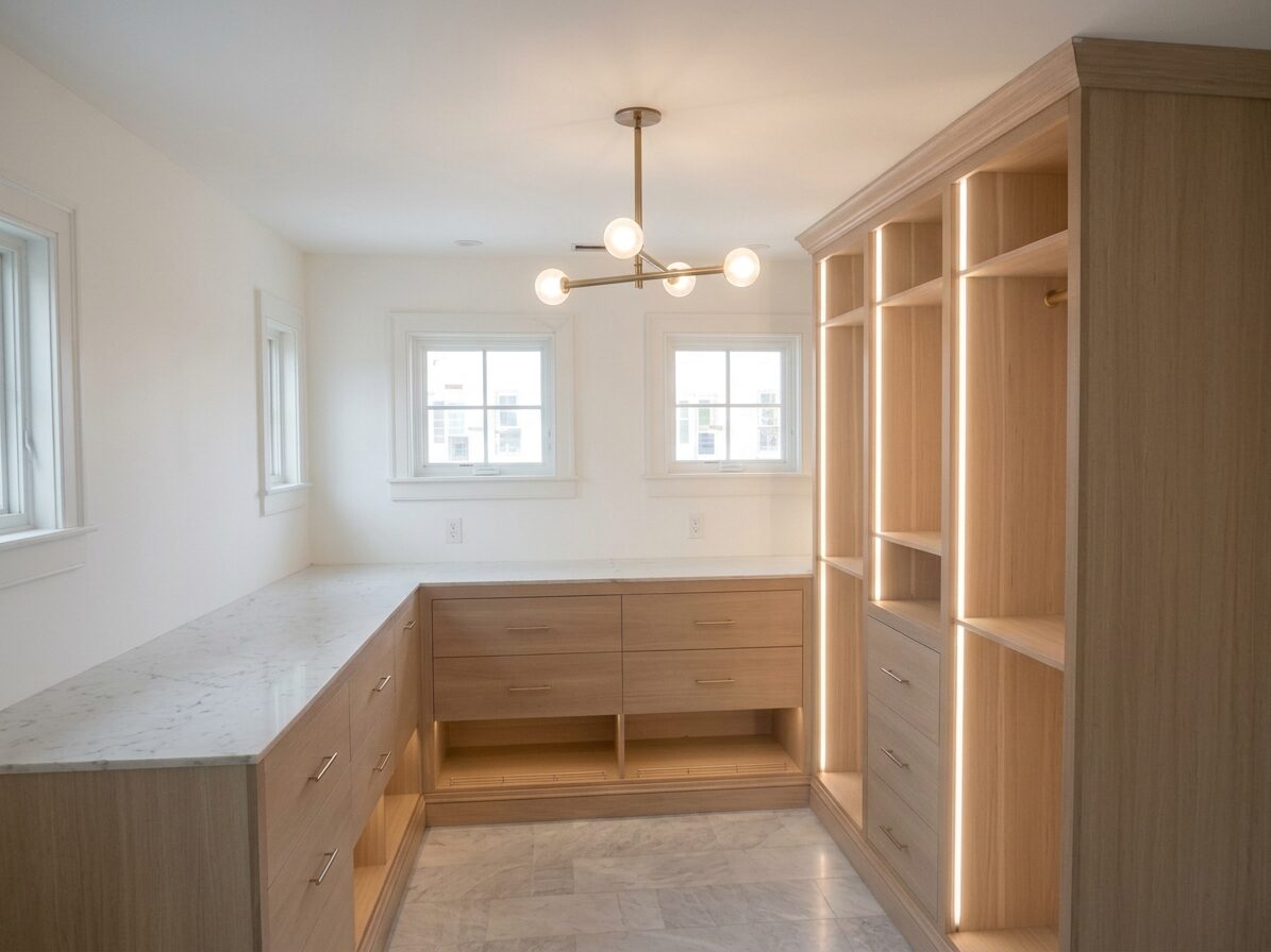Rift white oak walk-in closet with marble countertop, integrated LED lighting, and open shoe storage, Marble Island, Colchester, Vermont