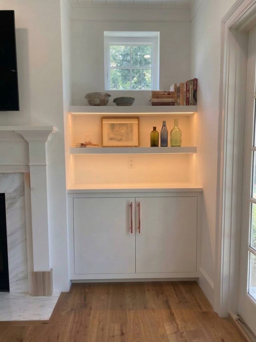 Flat panel cabinet doors with integrated LED-lit floating shelves above