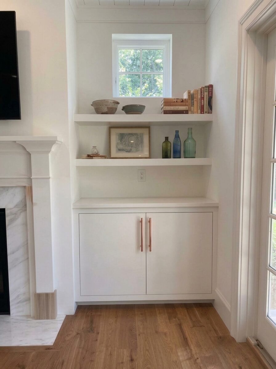Detail of the floating shelves and cabinetry styling next to the window