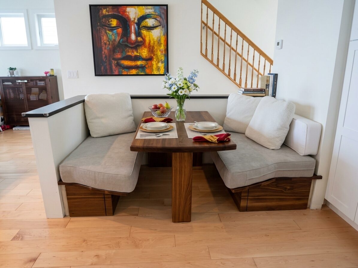Built-in walnut breakfast nook with upholstered bench seating and a single-leg table, Marble Island, Colchester, Vermont