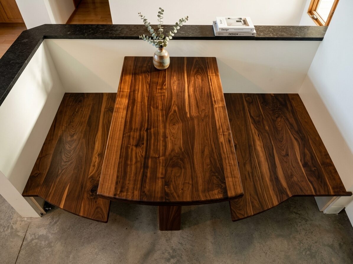 Overhead view of the walnut tabletop and grain-wrapped bench tops