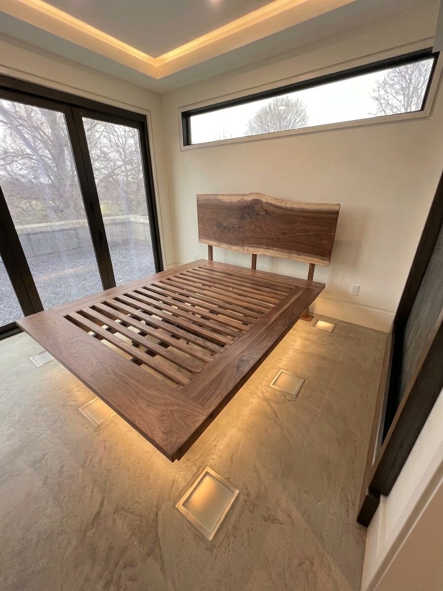 Walnut platform bed corner detail showing the slatted base and floating design