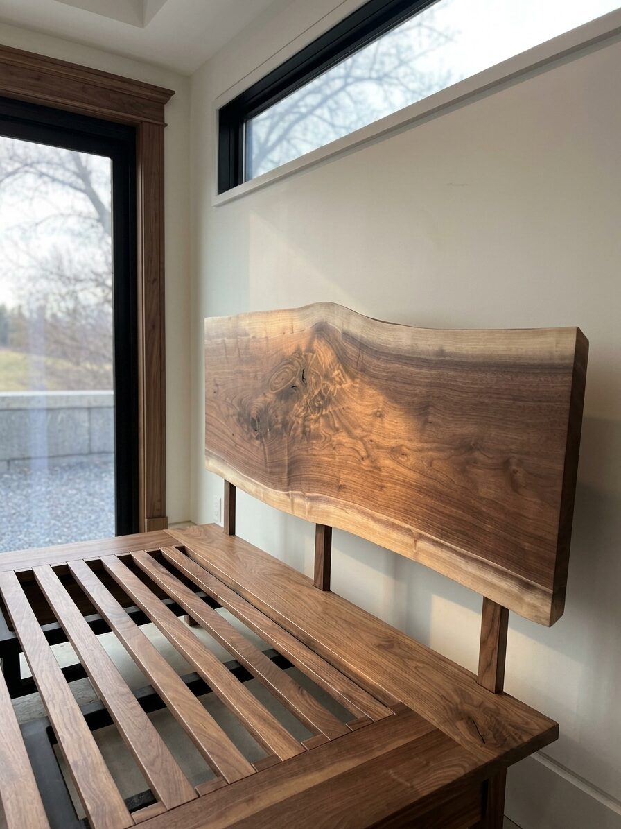 Close-up of the live-edge walnut headboard grain
