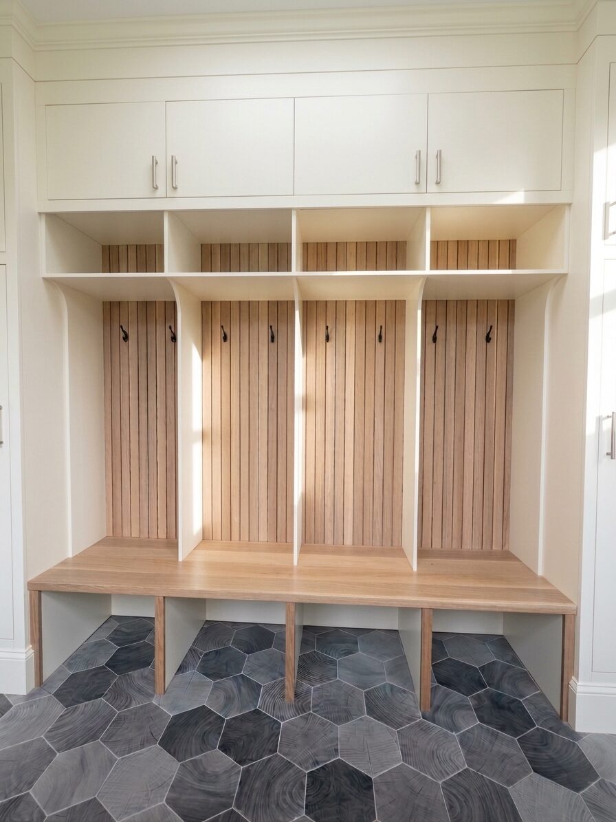 Four-bay mudroom built-in with rift white oak slat backs and matching bench top