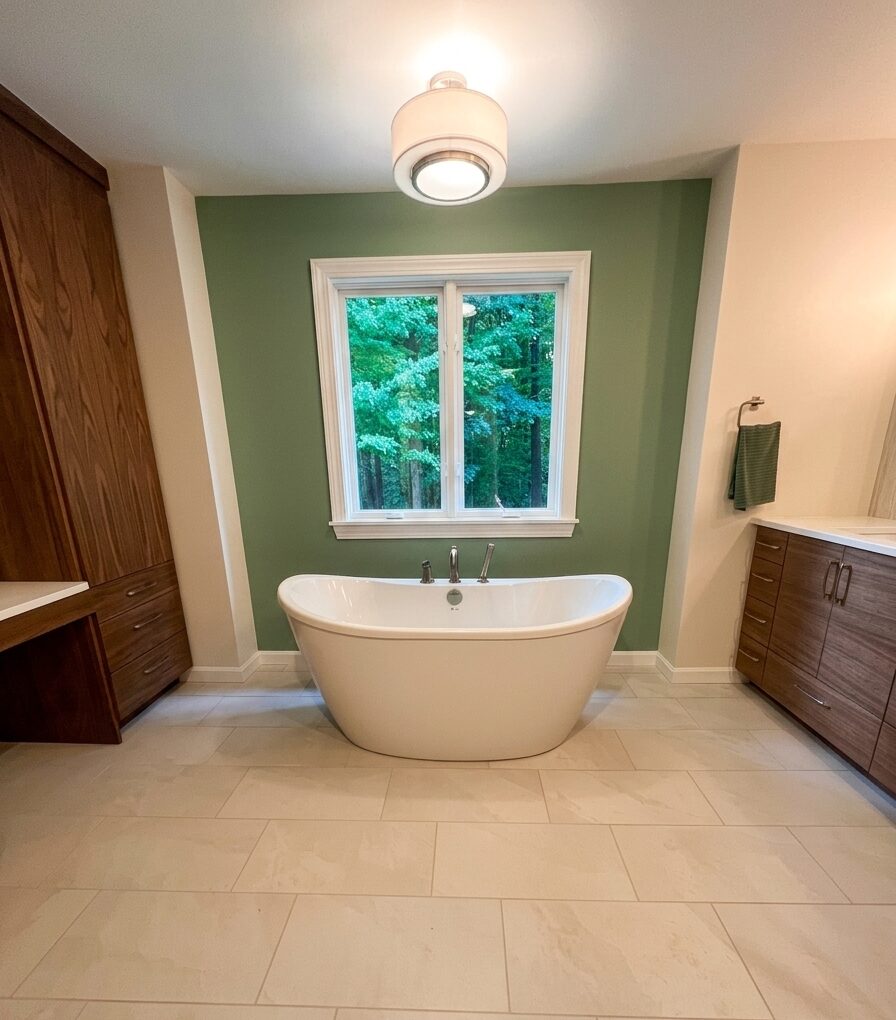 Primary bathroom with freestanding tub, green accent wall, and walnut cabinetry