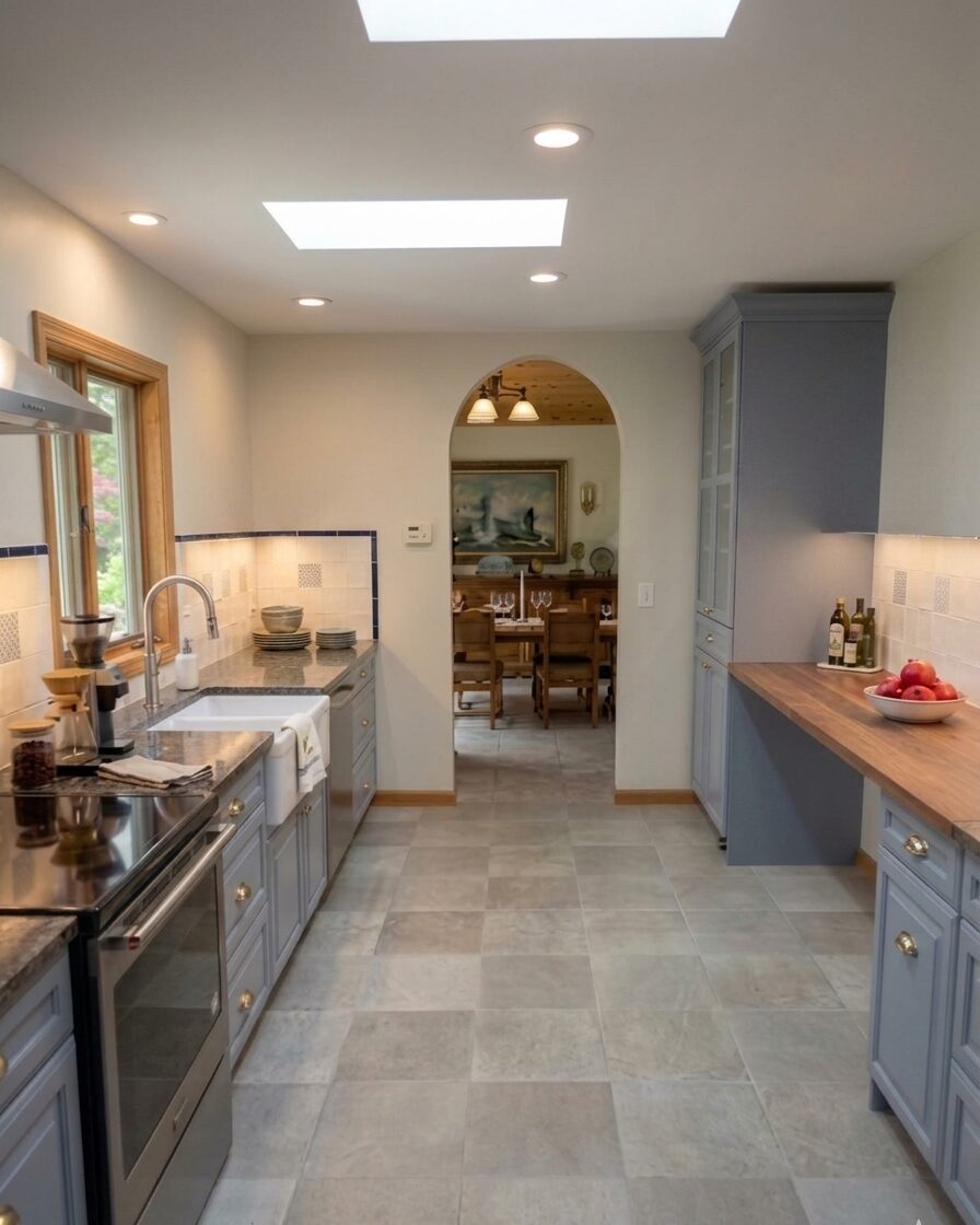 Galley kitchen with slate blue cabinetry, skylights, and a view through an arched doorway