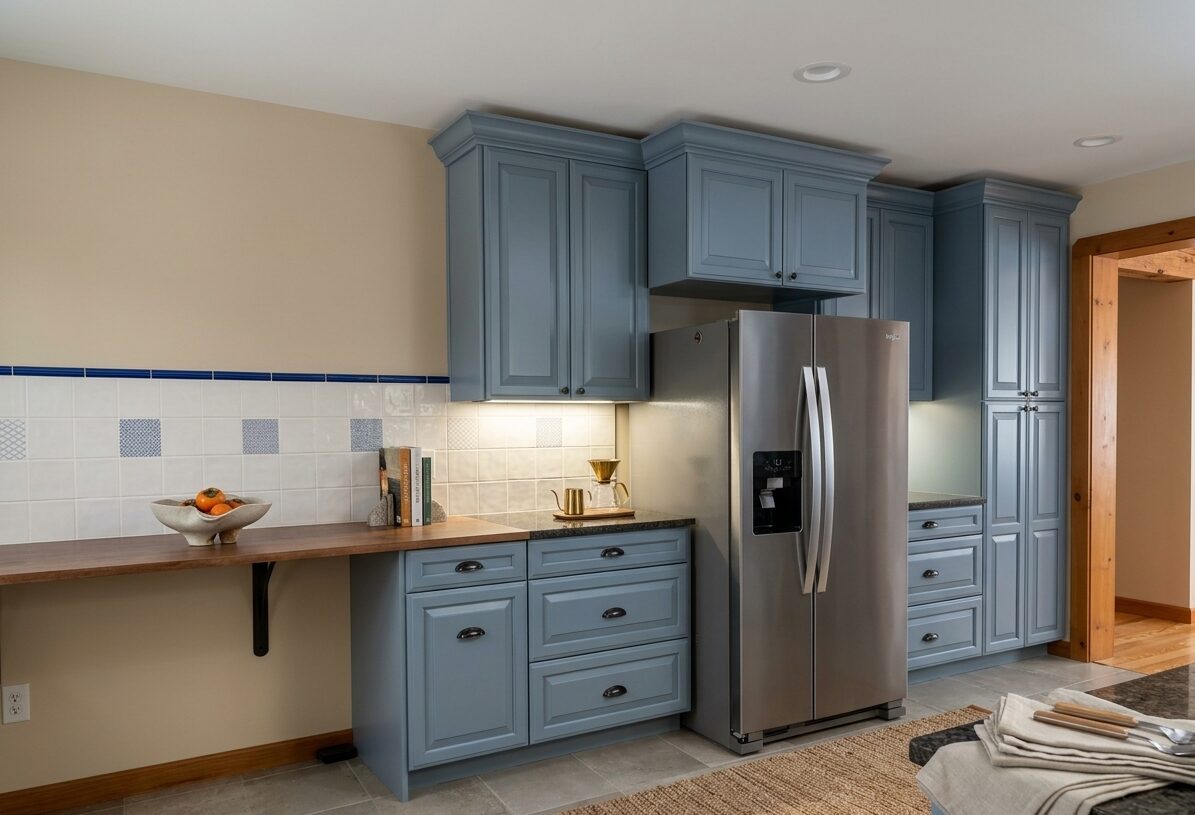 Slate blue cabinetry surrounding a stainless refrigerator, with a walnut counter accent