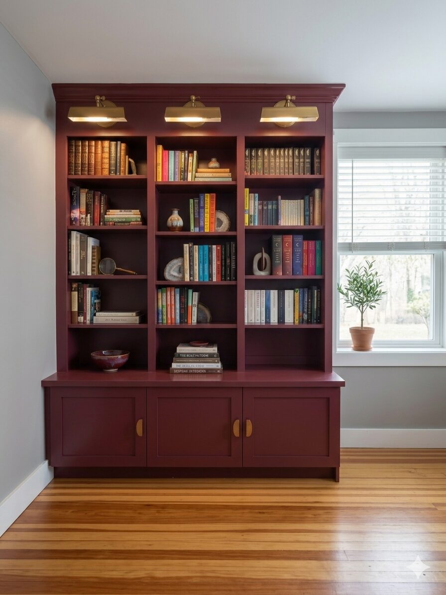 Built-in bookcases with picture lights in a St. Albans, Vermont home
