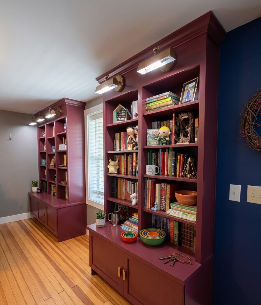 Full built-in bookcase run with cabinet base and picture lights