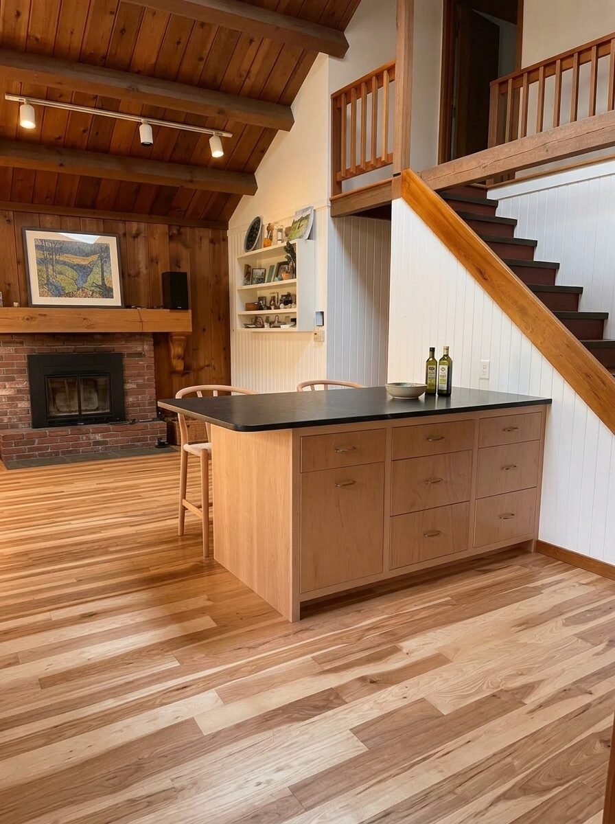 Kitchen island with clear maple cabinetry and black countertop, viewed from the living room