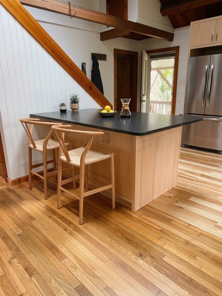 Kitchen island close-up with clear maple base and black countertop