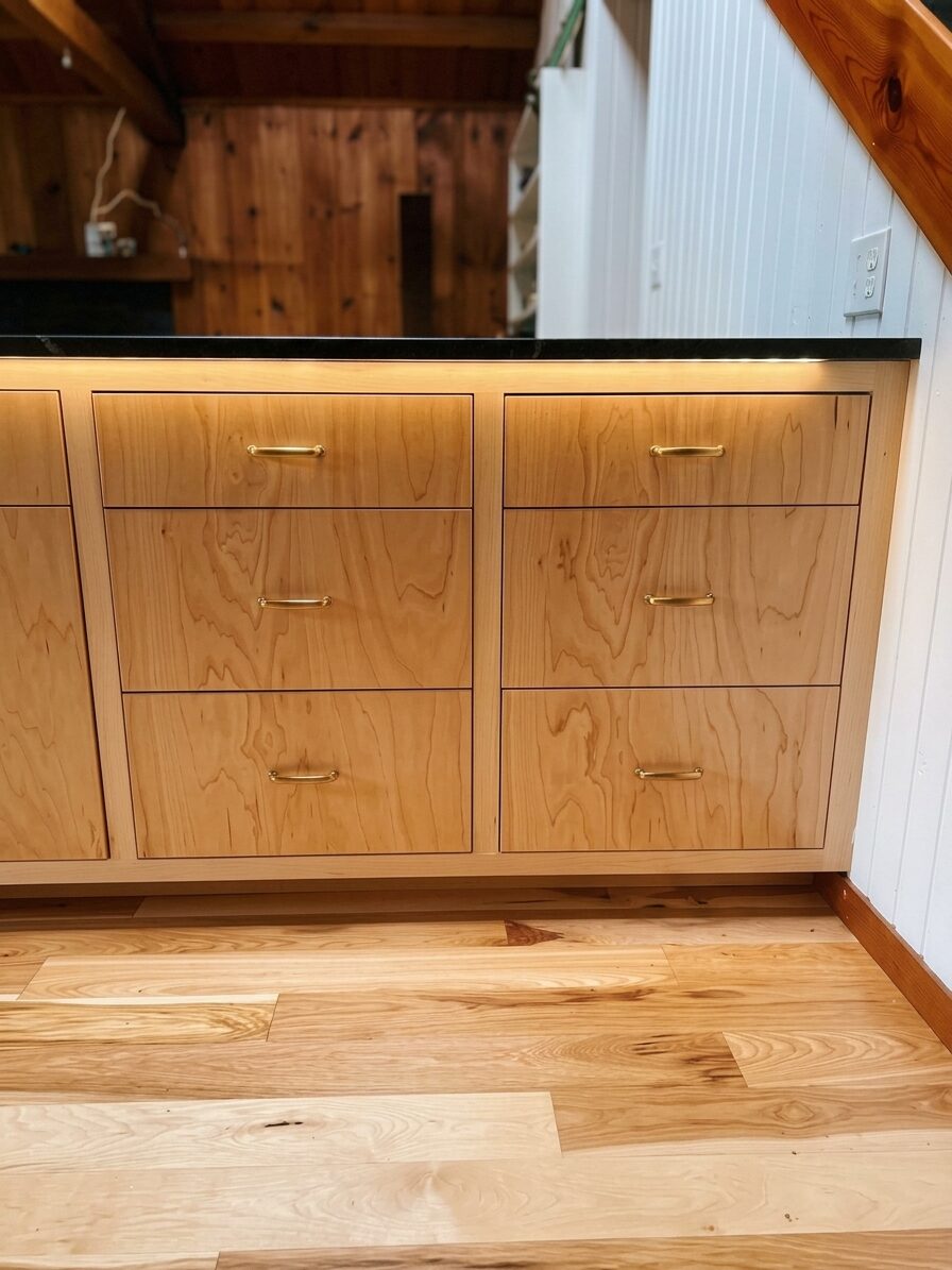 Detail shot of clear maple drawer fronts with brass hardware