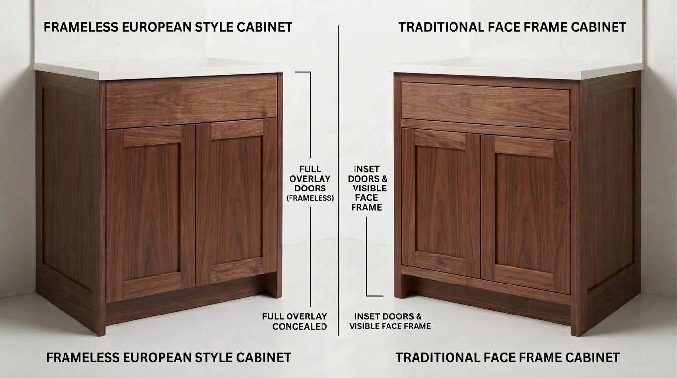 Comparison of frameless European-style cabinet construction versus traditional face-frame cabinet construction